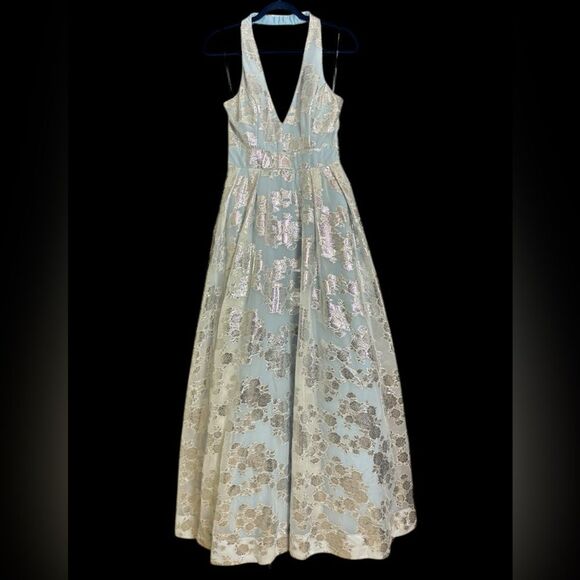 Windsor Cinderella Blue & Metallic Sliver Floral Ballgown Halter Dress Size 11 - Picture 6 of 16